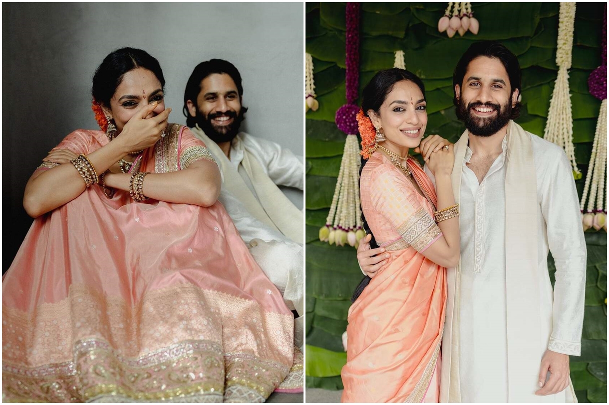 Sobhita and Naga Chaitanya engagement portrait on a jhoola